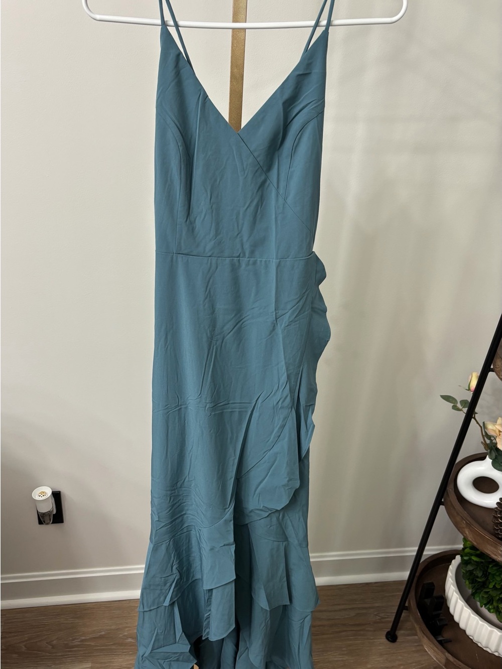 HALARA Teal Spaghetti-Strap Ruffle Maxi Dress
